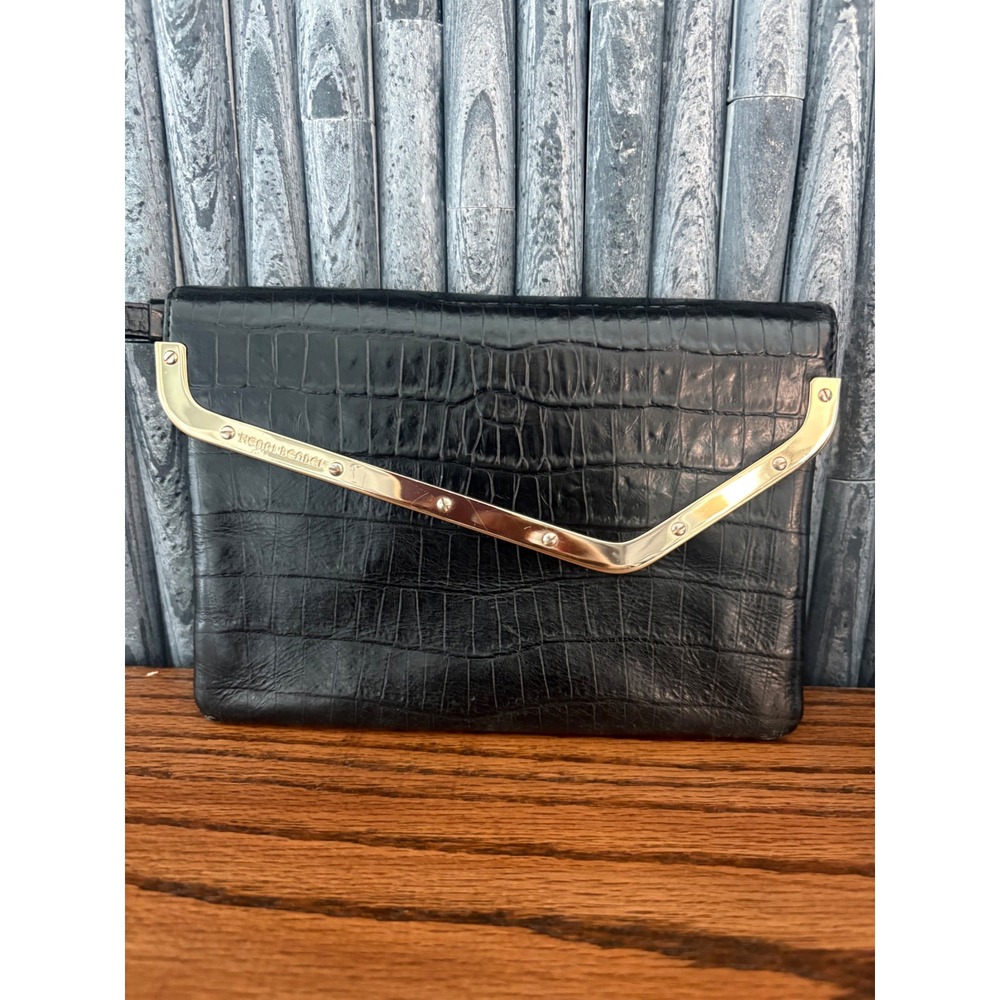 Henri Bendel Deb Black Croc Embossed Leather Wristlet Clutch Gold V Hardware - Picture 3 of 9